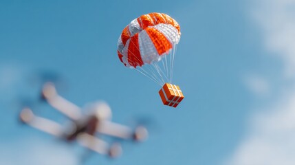 Red and white parachute delivering package against clear blue sky