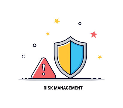 Risk management stage illustrated by a shield icon positioned in front of a small warning triangle, representing proactive issue handling and protection of