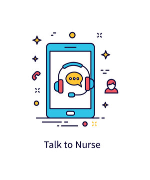 Call center healthcare badge featuring a mobile device and tiny headset with speech bubble icon. Subtle line accents and a short ?Talk to Nurse? caption