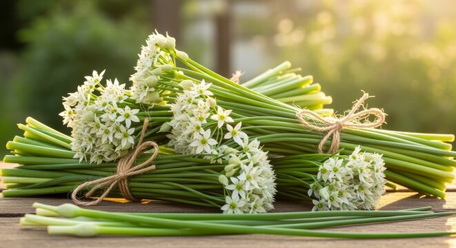 Fresh Bunches of Garlic Chives with White Blossoms