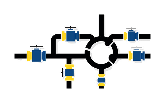 Black and white pipe system diagram simplified into bold graphic lines, large abstract circle anchoring the center like a master checklist node, bright yellow