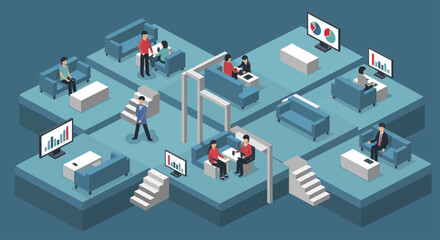 Fototapeta premium Isometric view of a modern office space with various business activities.