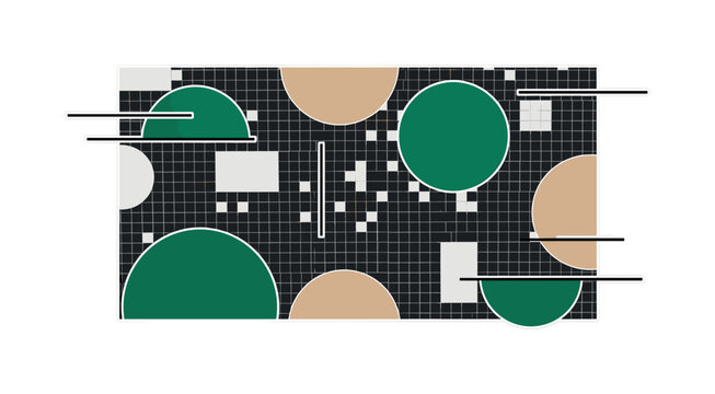 Black and white mosaic backsplash made of small square tiles, combined with oversized flat geometric circles and semicircles for contrast, minimal line