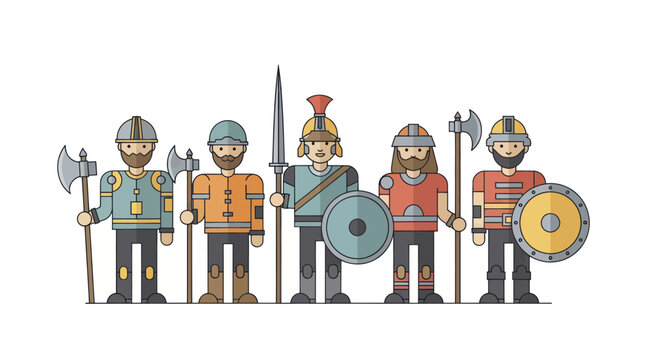 Medieval Warriors Standing Together with Weapons and Shields.
