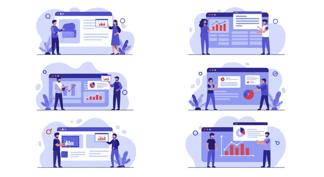 Set of six illustrations depicting people interacting with web interfaces and data analysis.