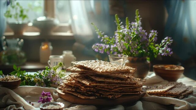 Traditional unleavened matzah bread stack prepared for a sacred Passover Seder meal, symbolizing freedom and Jewish heritage, beautifully arranged on a rustic table