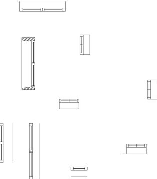 Technical architectural drawing showing various radiator or HVAC unit designs in plan and elevation views with ventilation grilles and mounting details.