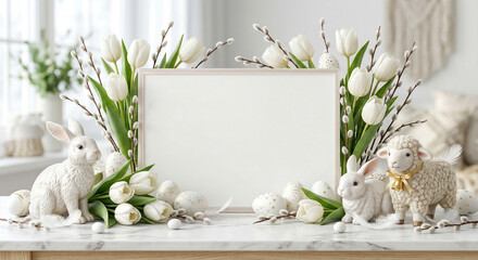 Wielkanocne tło. z miejscem na tekst. Kompozycja z białych tulipanów, pisanek, bazi, kurczątek, zajączków