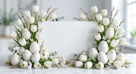Wielkanocne tło. z miejscem na tekst. Kompozycja z białych tulipanów, pisanek, bazi, kurczątek, zajączków