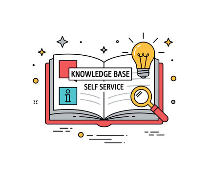 Knowledge base and self service portal shown as an open book combined with a search icon and lightbulb accent, symbolizing accessible information and empowered