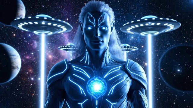 Cinematic futuristic science fiction shot of a Pleiadian commander floating in outer space tall luminous humanoid with long silver hair glowing blue eyes and noble facial expression wearing sophistica