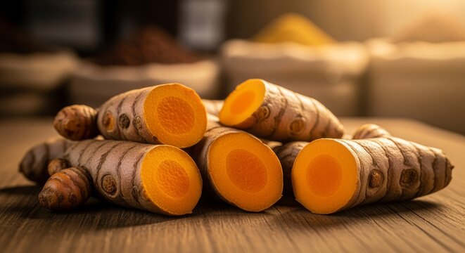 Fresh Turmeric Roots and Spice Ingredients on a Wooden Surface