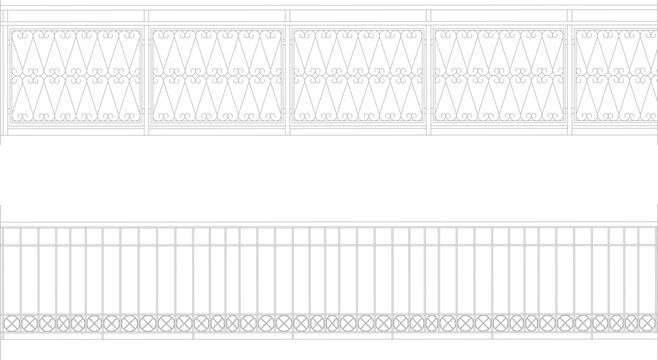 Technical architectural elevation drawing showing two decorative fence designs: diamond pattern with scrollwork and vertical bars with X-pattern band.