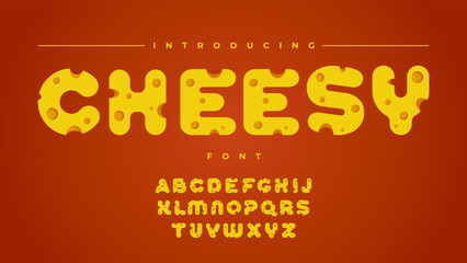 Cheese Font. Funny typeface with letters of English alphabet stylized as cheese. Decorative typography or typescript for creative projects. Cartoon Flat vector collection isolated on background