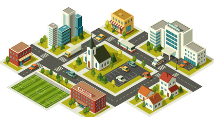 Isometric map of small town. Top view of city landscape with hospital, school, church, business center, shops and residential buildings. Cartoon 3D vector illustration isolated on background