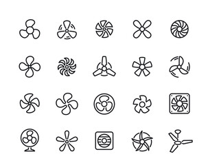 Fan line icon set. Simple symbols with different rotating propellers of ventilation, air conditioning or cooler. Editable stroke. Outline vector illustration collection isolated on background