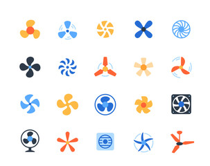 Fan icon set. Colorful signs with different rotating propellers of ventilation, air conditioning or cooler. Design elements for app or web. Flat vector illustration collection isolated on background