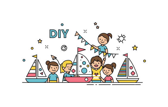 DIY mini sailboat project illustration centered on a small group of kids decorating their toy boats with bright flags and simple patterns, expressing