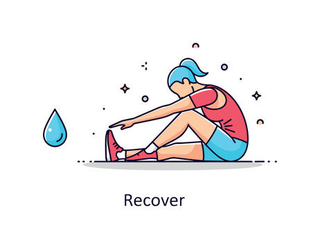 Post workout cooldown stretch highlighting a seated athlete reaching toward extended legs. Subtle sweat drop icon, gentle shadow under the body and a ?Recover?
