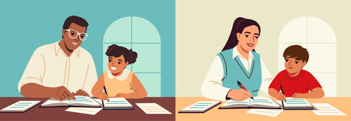 Teacher explains to child. Male and female tutors sit with elementary school students and help them learn to read or complete homework. Education and study. Flat vector illustration collection