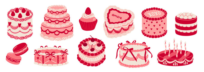 Coquette pink cakes and pastries. Cute girly stickers with pink desserts, cupcakes, pie and macaroons for Valentine Day. Love and Romance. Flat vector illustration collection isolated on background
