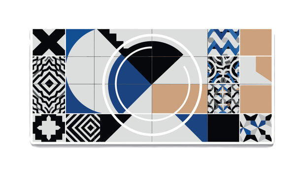 A monochrome backsplash tile sample board with multiple patterns displayed, bold circular halo and intersecting geometric shapes unifying the layout, thin grid