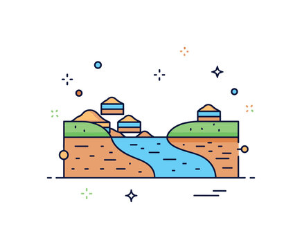 Sediment deposition concept built around a river channel with small layered sand shapes accumulating at the mouth, symbolizing land building and erosion