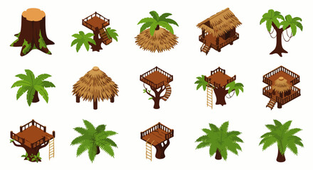 Obraz premium Collection of isometric tribal huts, palm trees, and tree stumps in a jungle setting, perfect for game assets or illustrations.