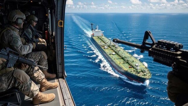 Military soldiers in a helicopter escorting a large oil tanker over the ocean. Aerial view of armed troops providing maritime security for a commercial cargo ship. Naval patrol operation