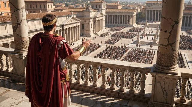 Roman emperor addressing a massive army from a balcony. Ancient Rome historical concept with soldiers in formation at the city forum. Epic cinematic animation of military leadership and power