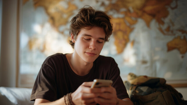 Solo backpacker frantically compares last minute flight apps in hostel common room, world map wall covered in possibilities, packed bag ready for immediate departure, perfect for spontaneous