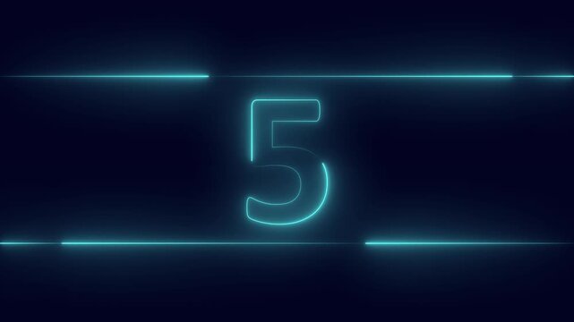 Neon bright glowing countdown timer from 0 to 10 seconds on dark blue background