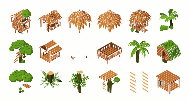 Isometric collection of tropical wooden huts, treehouses, thatched roofs, palm trees, and natural elements for game design or infographic assets, isolated on white.