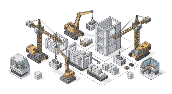 Isometric Construction Site with Cranes and Building Elements.