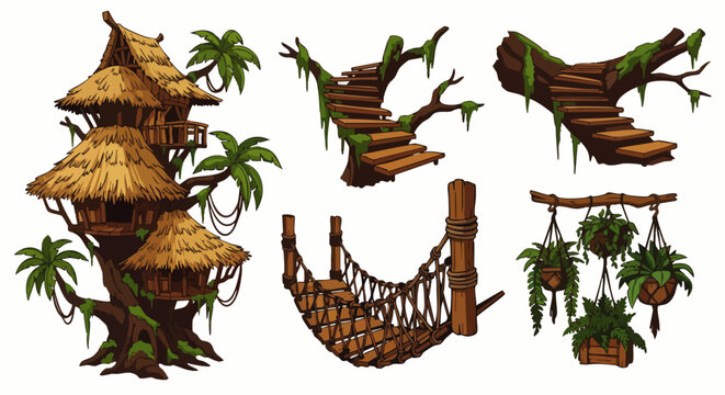 Fantasy jungle treehouse elements vector set. Cartoon wooden house, stairs, rope bridge, and hanging plants for game design or adventure illustrations.