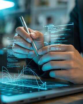 Close-up of hands using a stylus on a laptop with futuristic holographic data charts representing technology and analysis.