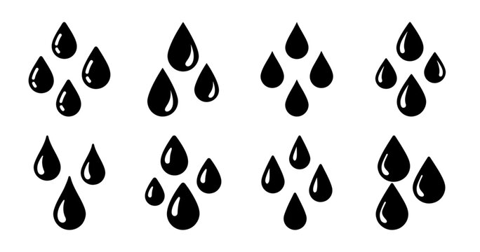 Black and white minimalist depiction of grouped teardrop water drop icons