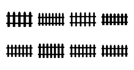 Obraz premium A collection of eight black silhouette fence images against a white background