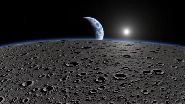 Earth rising over lunar horizon with cratered surface and blue atmospheric glow