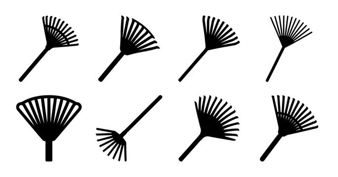 Silhouetted leaf rakes set, a collection of gardening tool icons in vector