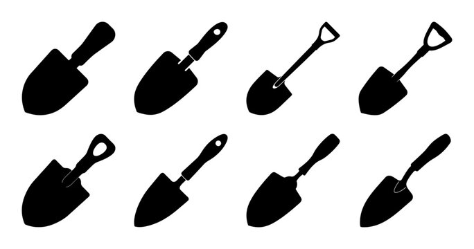 Collection of various gardening trowels in black silhouette on white background