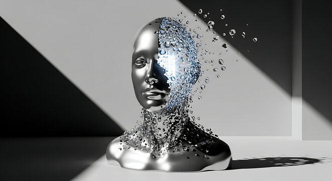 ai agents metallic head fragmenting into glowing digital data shards illustrating future technology and digital consciousness