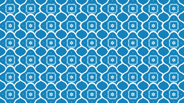 Seamless blue and white geometric pattern vector background with repeating Star of David motifs and abstract shapes, ideal for Jewish holiday designs, textile prints, and digital graphics.