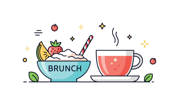 Healthy brunch choice depicted by a bowl of fruit and yogurt paired with a cup of tea, complemented by subtle leaf accents to emphasize freshness and balance.