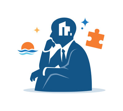 Post-exit identity shift shown as a business silhouette with a missing puzzle piece shaped like a company logo. A calm conceptual metaphor for grief,