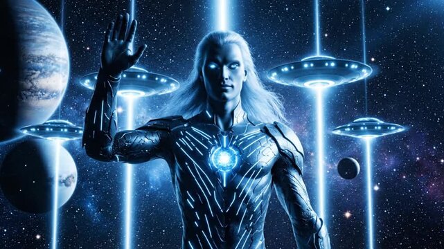Majestic cinematic science fiction footage of Ashtar commander of the Pleiadian Silver Fleet standing in the middle of a vast galaxy tall graceful humanoid with glowing blue eyes and long silver hair 