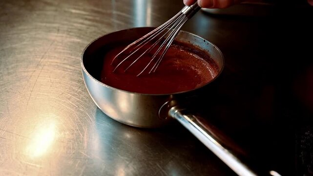 Detailed depiction of artisans crafting chocolate sauce meticulously in reflective culinary setting