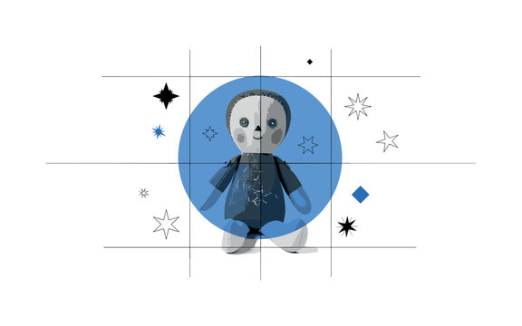 Black and white vintage rag doll sitting upright, layered with a large blue circular frame and thin grid lines suggesting toy box organization, minimal