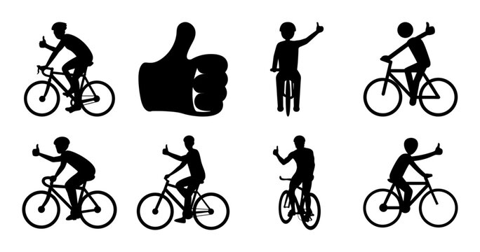 Silhouette Illustrations of Cyclists Giving Thumbs Up with a Central Thumbs Up Icon