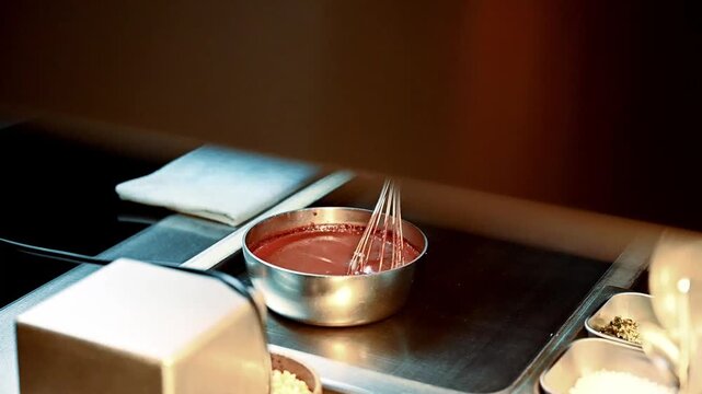 Chef skillfully combines seasonings while maintaining organized mise en place at pass station